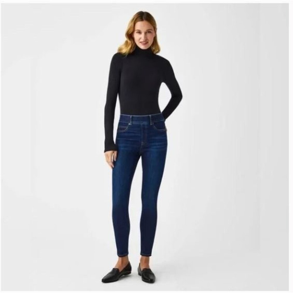 Spanx Ankle Skinny Jeans Women's Large Pull On Stretch Midnight Dark Wash EUC